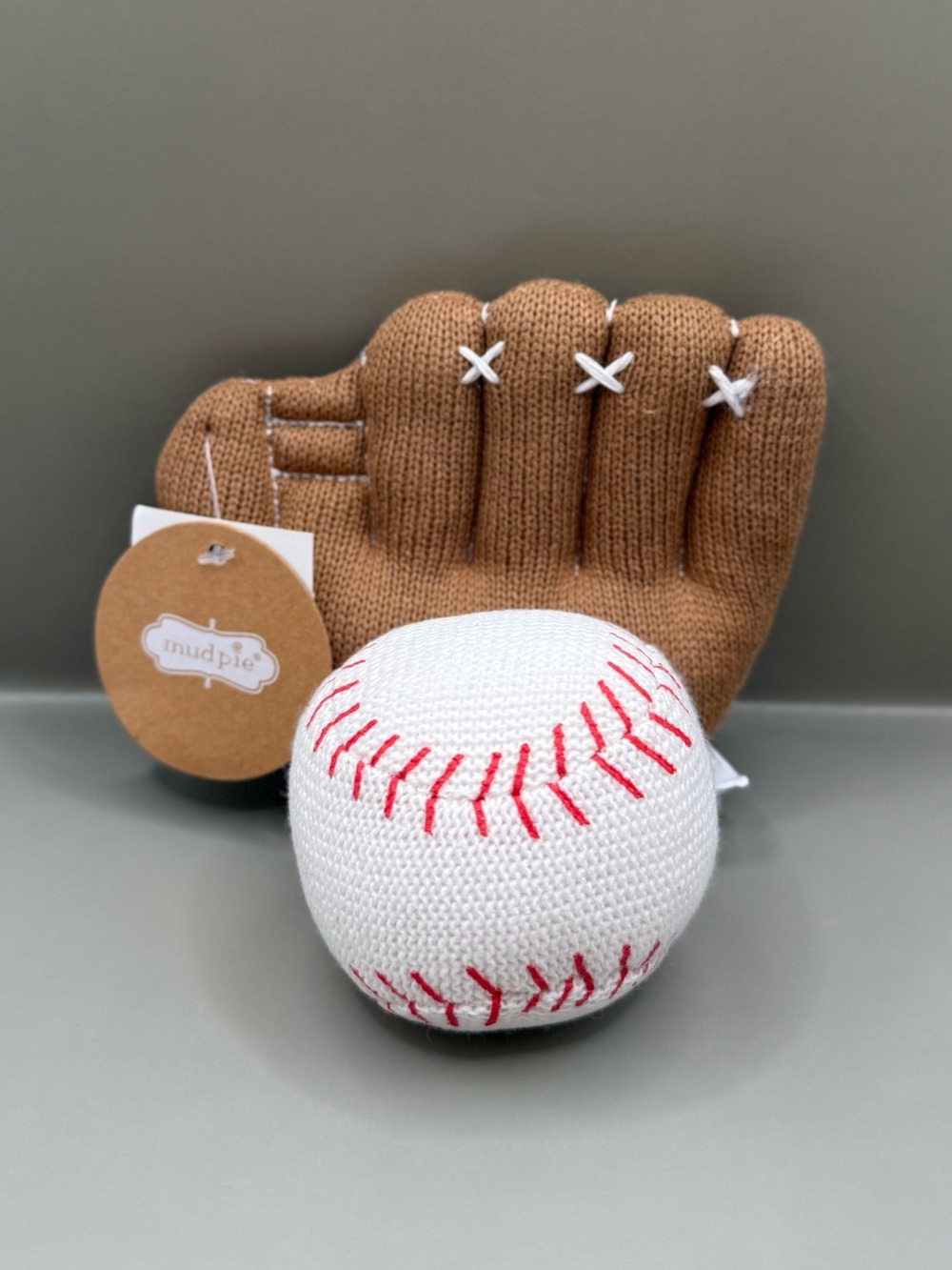 NWT Mud Pie Knit Baseball Glove Baseball Baby Rattle Lovey Toy